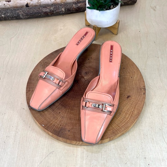 Prada | Vinage Pink Leather Loafers Kitten Heels Mule Size 38.5 - Picture 1 of 15